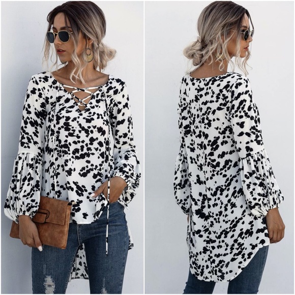 Tops - Print Lace up Long Sleeve hi lo blouse